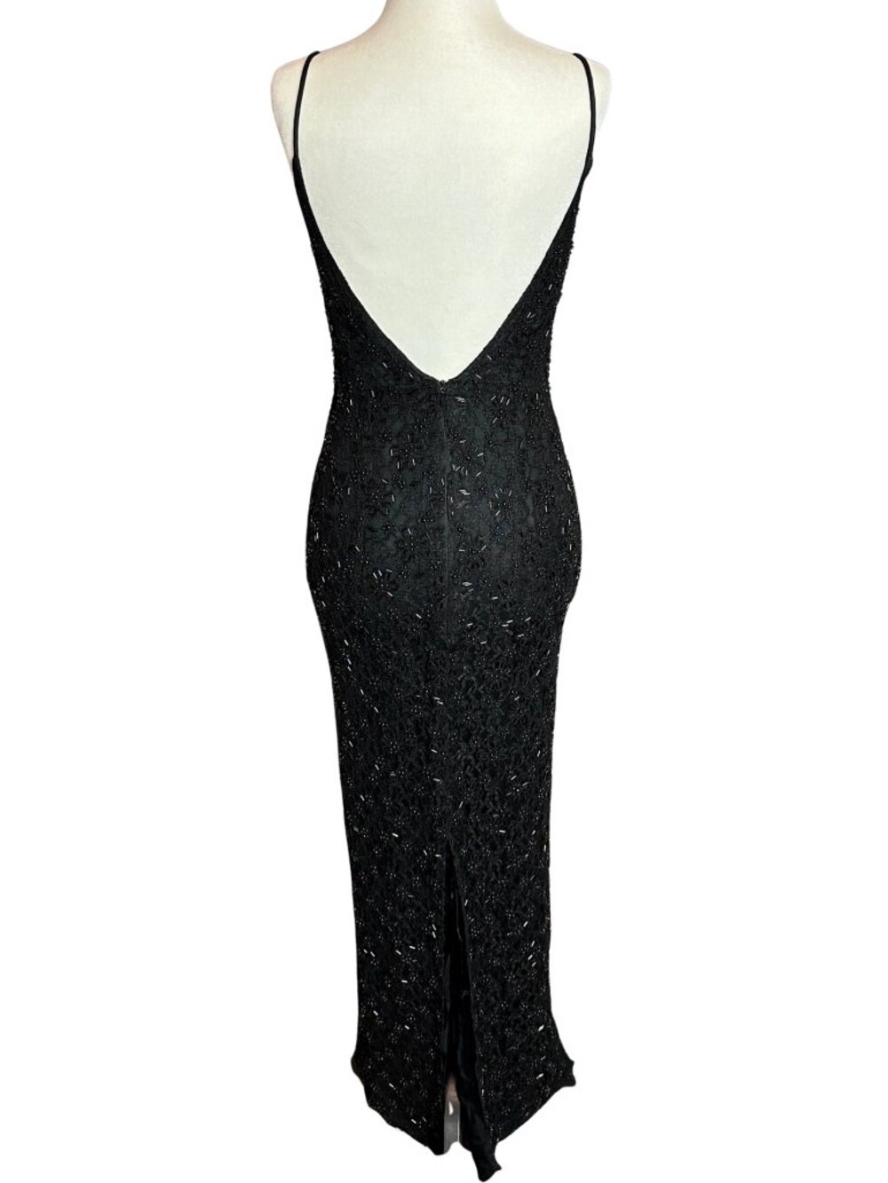 🖤 Vintage 90s Black Beaded Maxi Dress Low Back Evening Gown